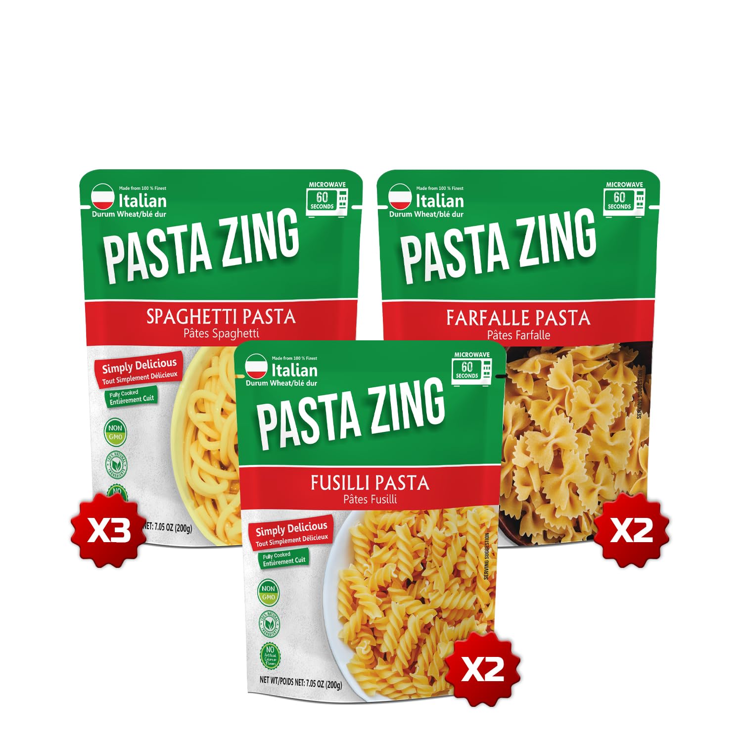 Pasta Zing Variety Pack,Spaghetti Pasta 200 g X 3 + Farfalle 200 g X 2 + Fusilli 200 g X 2, 7 pouces in a Hood & Tray, pack of 7