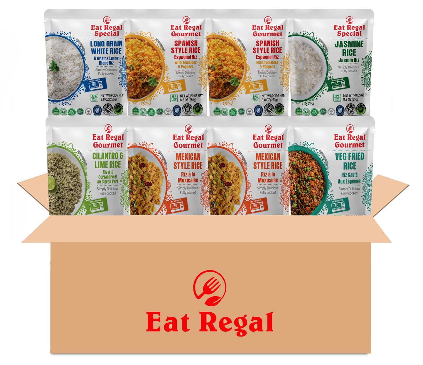 Jasmine, Spanish, Long Grain White, Cilantro & Lime, Mexican, and Veg Fried Rice - 8.8oz (Pack of 8) - Regal Kitchen Foods USA LLC