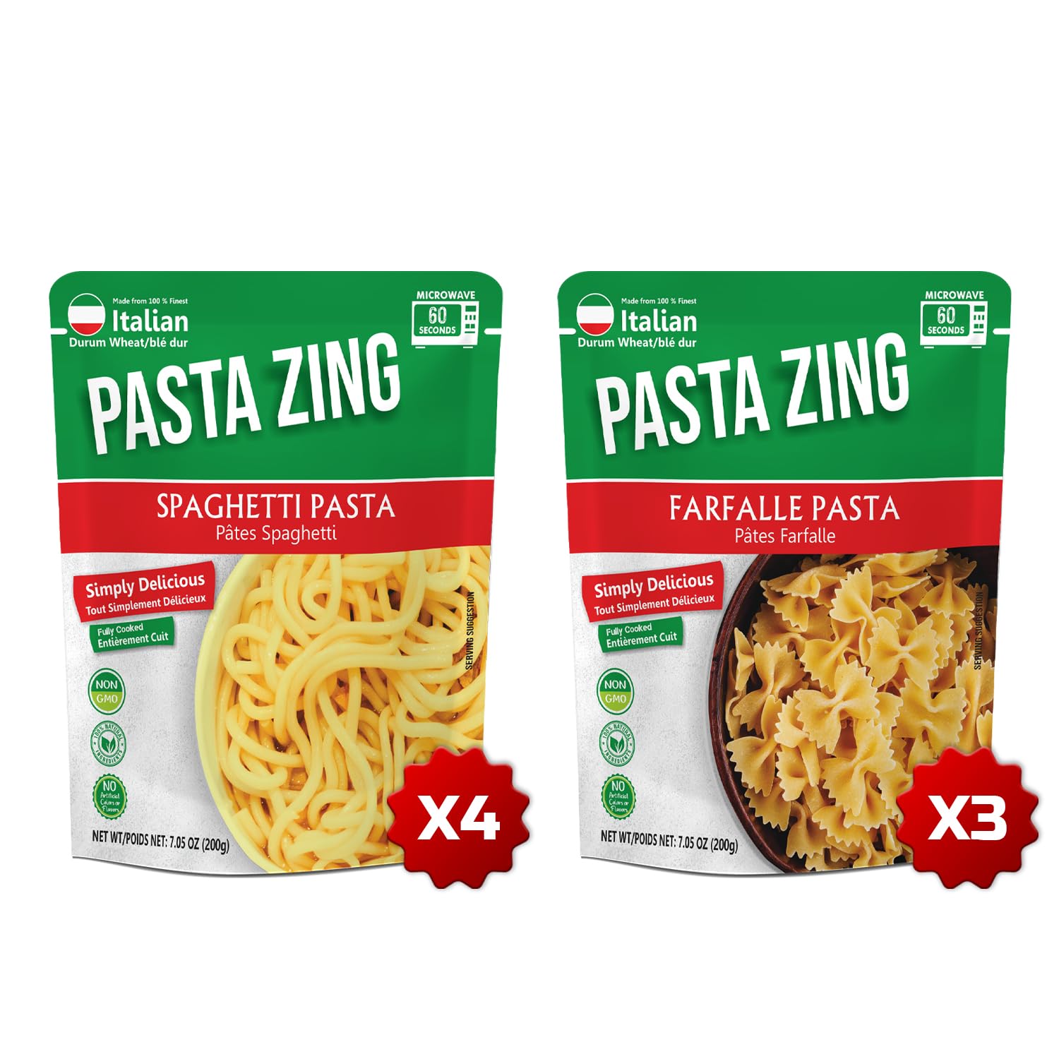 Pasta Zing Variety Pack, Spaghetti Pasta 200 g X 4 + Farfalle 200 g X 3, 7 pouches