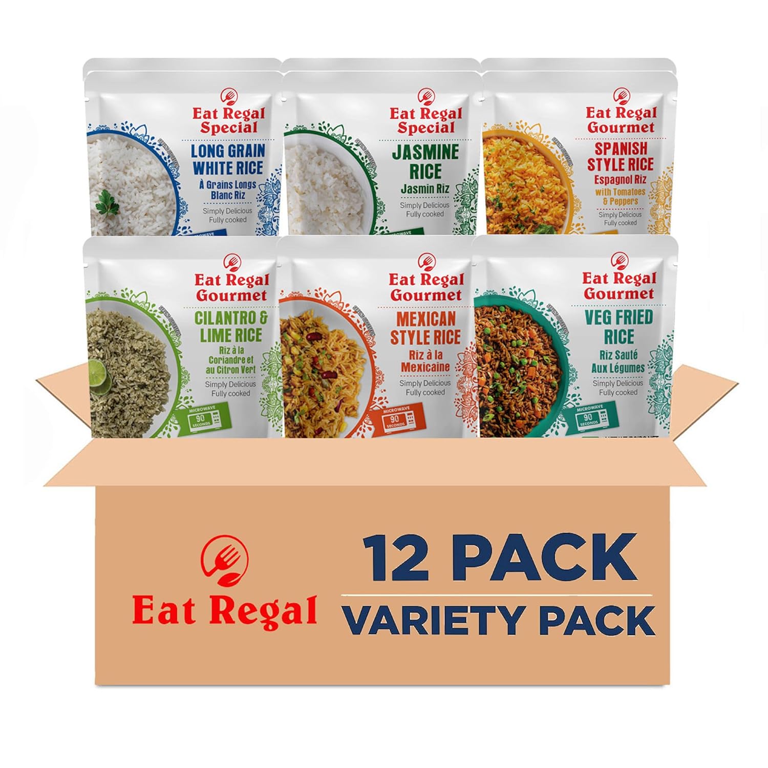 Jasmine, Spanish, Long Grain White, Cilantro & Lime, Mexican, and Veg Fried Rice - 8.8oz (Pack of 12) - Regal Kitchen Foods USA LLC