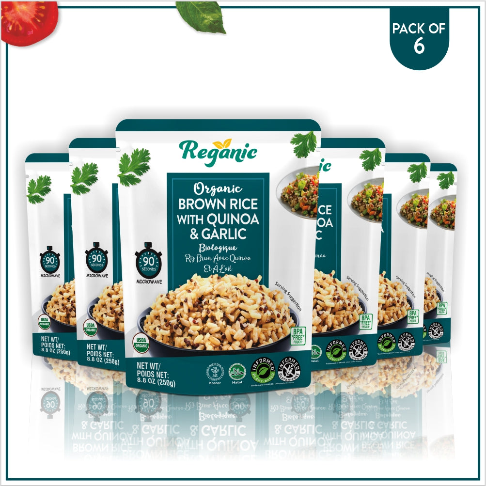 Reganic Organic Brown Rice with Quinoa & Garlic, Ready to Eat, 8.8 oz (Pack of 6)