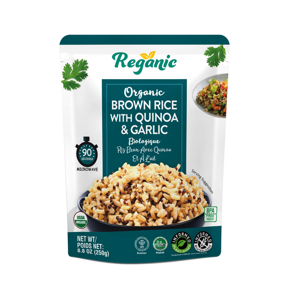Reganic Organic Brown Rice with Quinoa & Garlic, Ready to Eat Microwaveable Rice, 8.8 oz (Pack of 6)